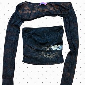 Edikted Two Piece Tube Top and Shrug Mesh Lace Set